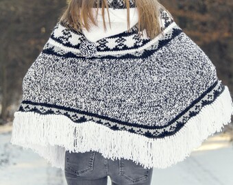 Wool Nordic Poncho Multicolor Hoodie Sweater in Black, Grey and
