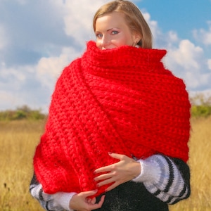 Red extra long fuzzy mohair scarf handmade fuzzy shawl READY TO SHIP