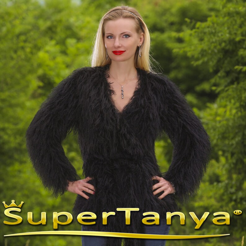 Fuzzy eyelash yarn wrap cardigan in black by SuperTanya