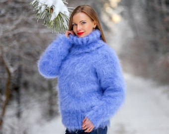 Blue thick fuzzy mohair sweater handmade pullover SuperTanya ready to ship size M