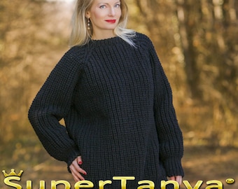 May include: A black, chunky knit sweater with a crew neck and long sleeves. The sweater is made of a thick yarn and has a relaxed fit.