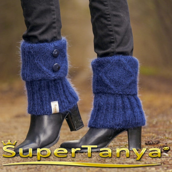 Blue Cable Knit Mohair Gaiters Hand Knitted Spats by Supertanya