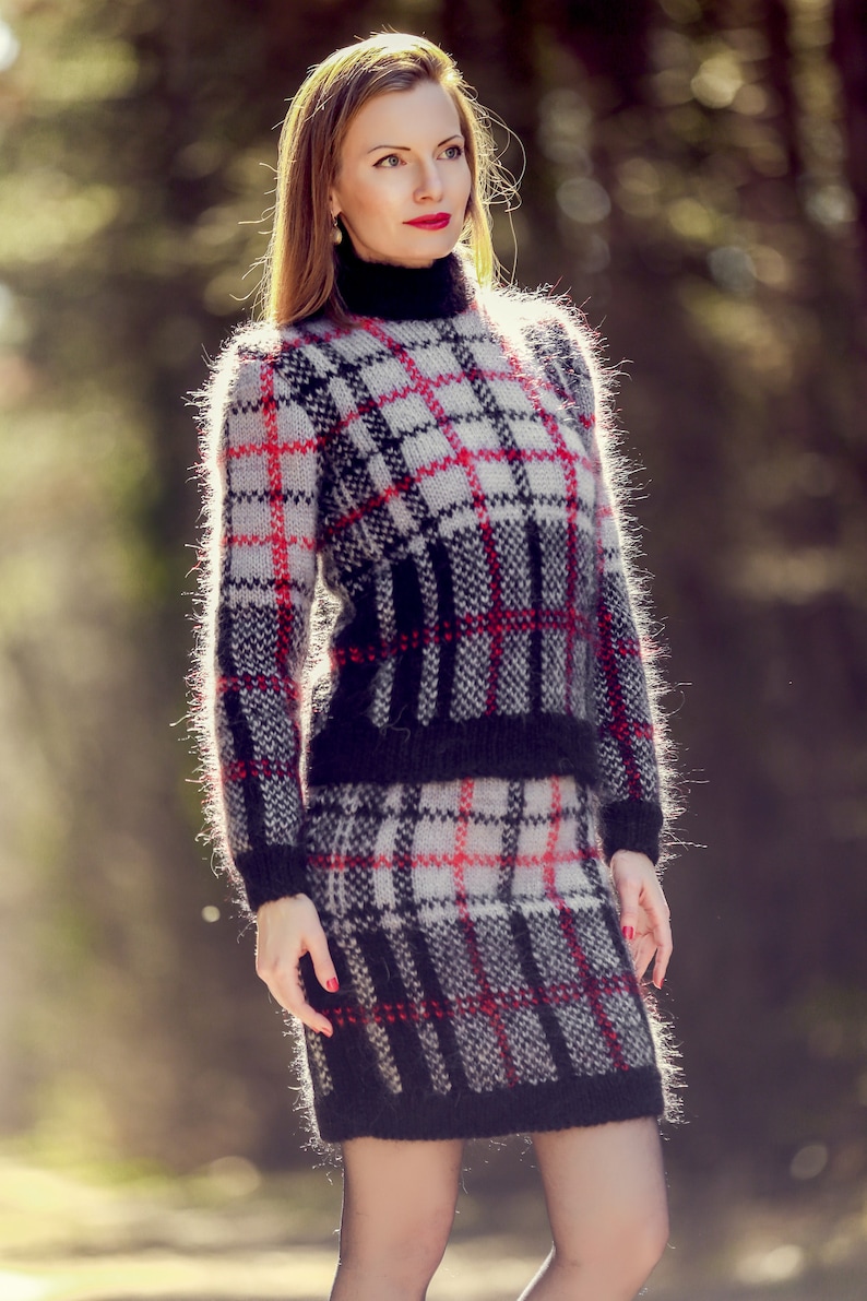 Elegant tartan sweater skirt Scottish pattern set hand knitted | Etsy