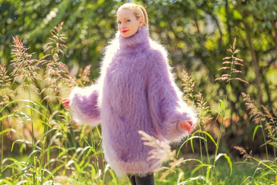 Supertanya Purple Fuzzy Mohair Sweater Handmade Pullover XXL Size