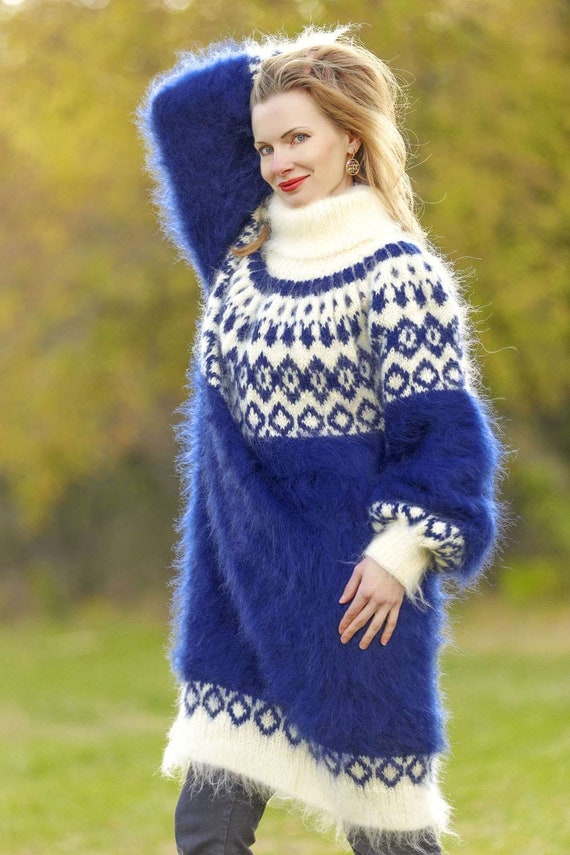 Blue Icelandic Mohair Sweater Dress Hand Knitted Fuzzy Mohair | Etsy