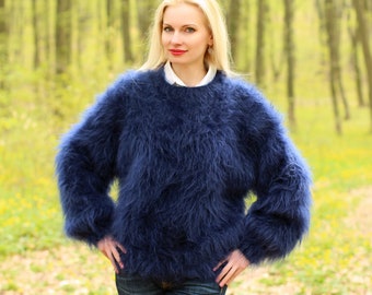 SuperTanya blue mohair sweater fuzzy crewneck dark blue pullover - ready to ship - size L