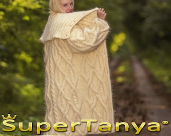 Bespoke winter mohair cardigan, long cable knit sweater coat, hand knitted white ivory cardigan, SuperTanya knitwear, made to order