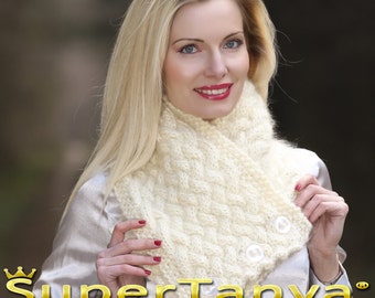 Cable knit mohair scarf fuzzy hand knitted neck warmer ivory shawl by SUPERTANYA