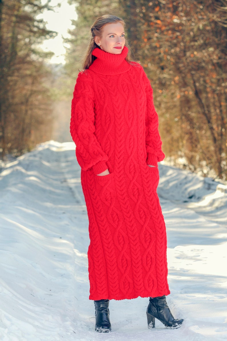 SUPERTANYA red wool dress long cable knit designer dress SuperTanya size M / L ready to ship image 6