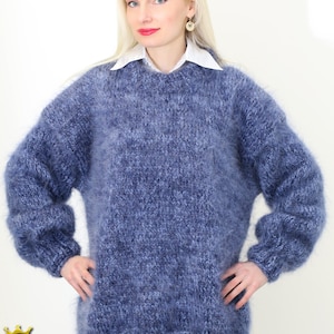 Thick and fuzzy hand knit mohair sweater, 3 strands mohair in light and deep blue melange by SuperTanya