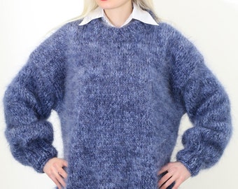 Thick and fuzzy hand knit mohair sweater, 3 strands mohair in light and deep blue melange by SuperTanya