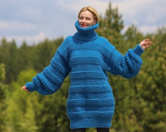 SuperTanya blue wool sweater dress thick natural 100 % chunky wool pullover- ready to ship - XL- XXL  size