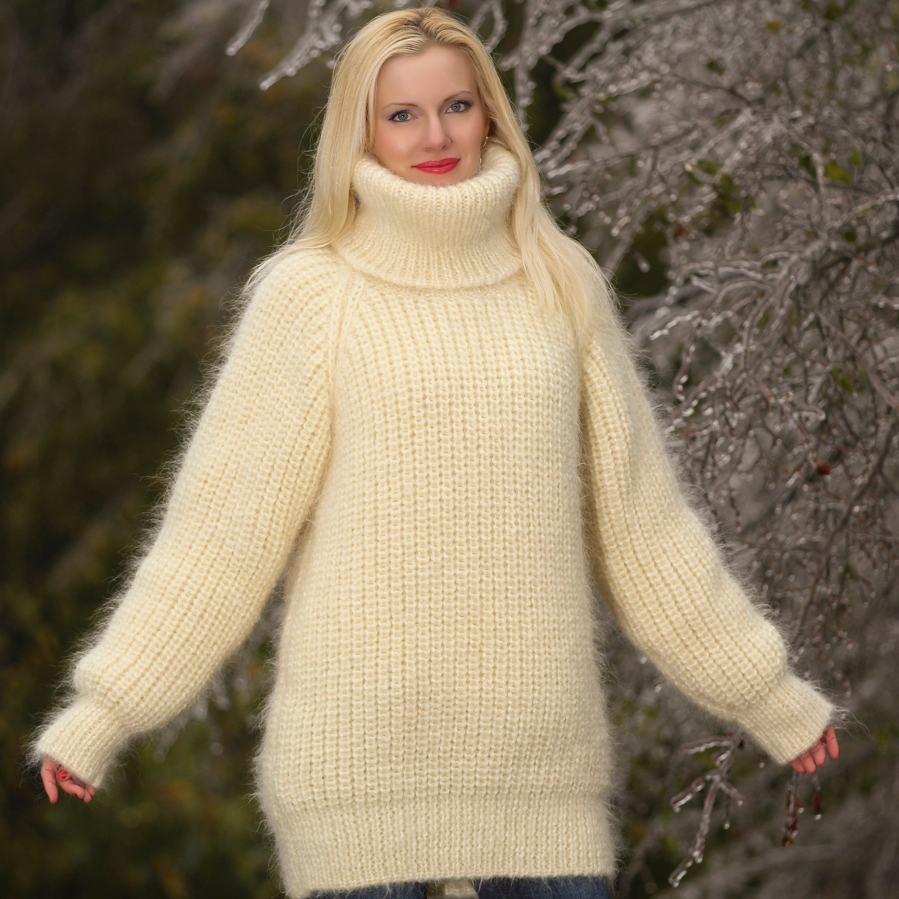 Ivory Mohair Sweater Handmade Ribbed Thick Turtleneck