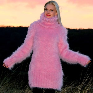 Supertanya Pink Mohair Dress Sweater Tunic Hand Knitted Fluffy Pullover ...