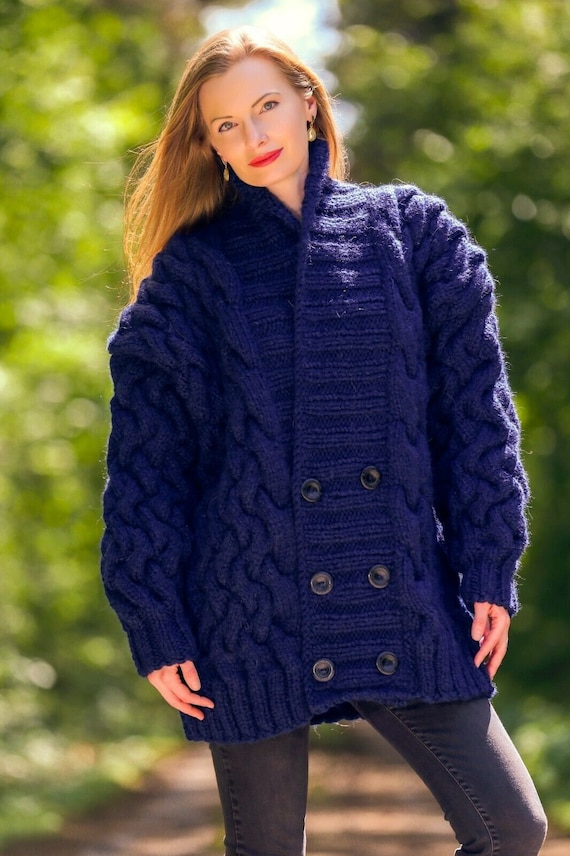 Supertanya Blue Wool Cardigan Cable Knit Sweater Shawl Collar Jacket Size XL XXL Ready to Ship 2 KG Etsy Canada
