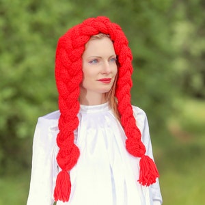 SuperTanya red hat cable knit hat with braids red riding hood hat Halloween hat READY TO SHIP image 3