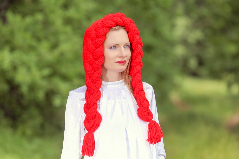SuperTanya red hat cable knit hat with braids red riding hood hat Halloween hat READY TO SHIP image 3