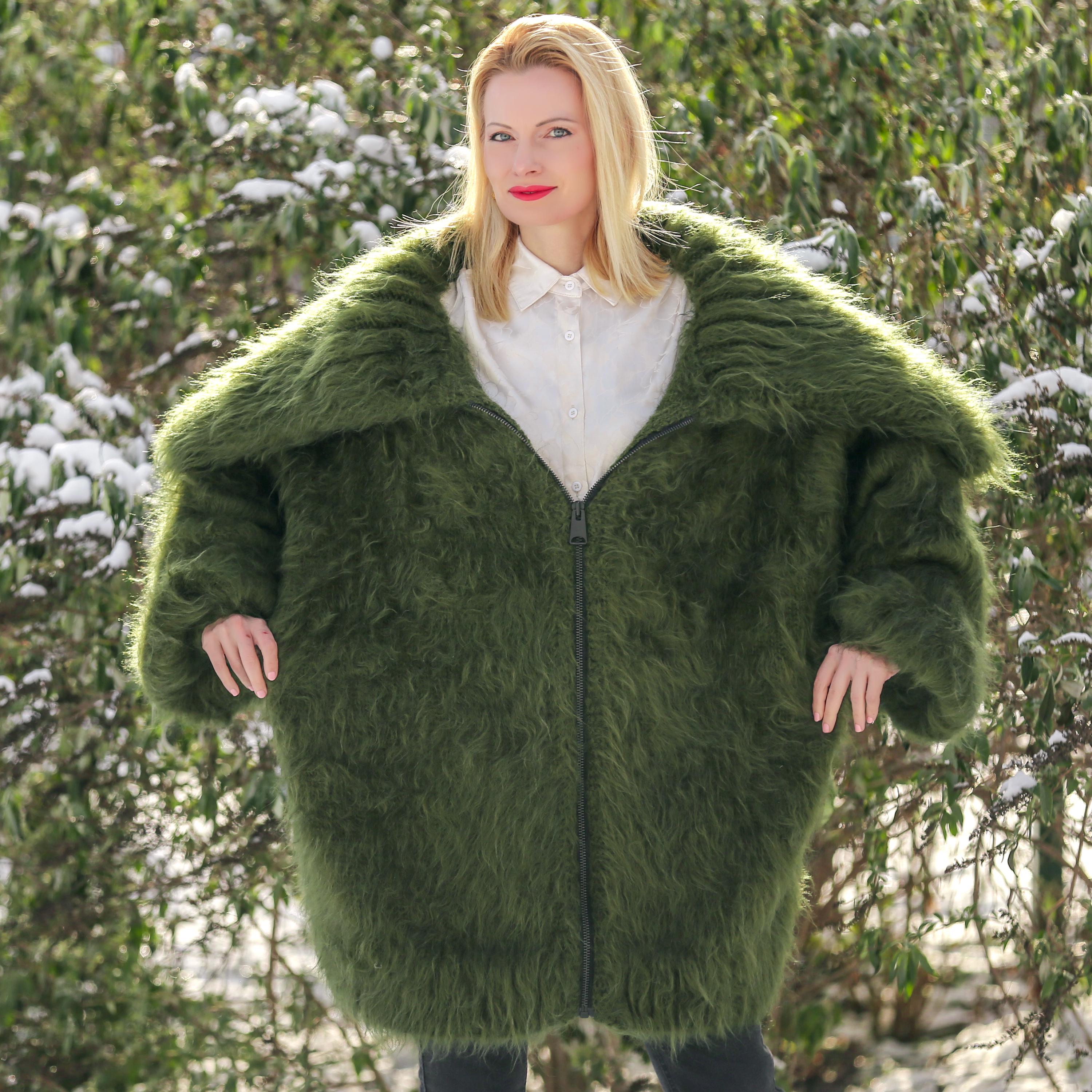 Handmade Green Mohair Cardigan, Fuzzy Zipper Sweater Coat With
