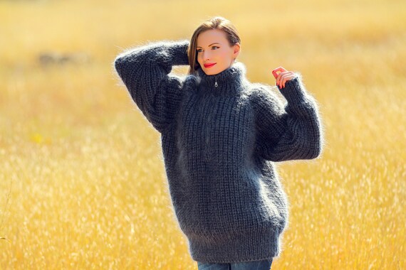 Thick Mohair Sweater Hand Knitted Turtleneck Zipper Collar