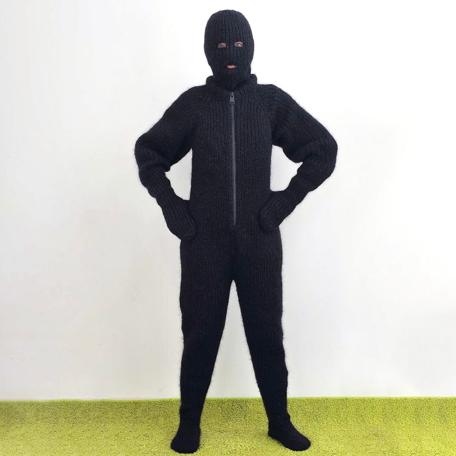 Handmade Mohair Catsuit With Separate Balaclava Fuzzy Black Zentai
