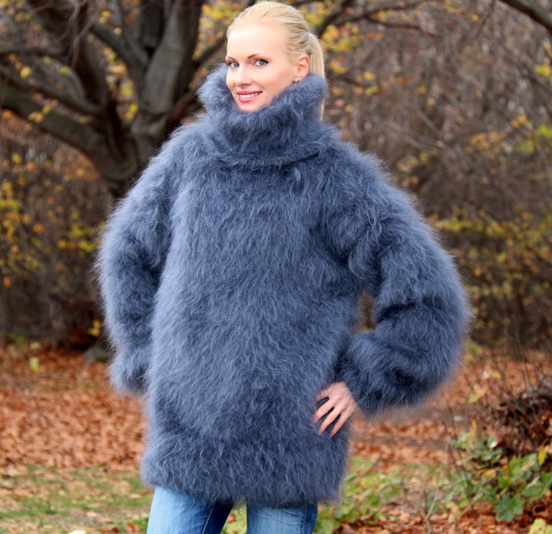 Thick Fuzzy Mohair Sweater Hand Knitted Pullover Turtleneck Jumper