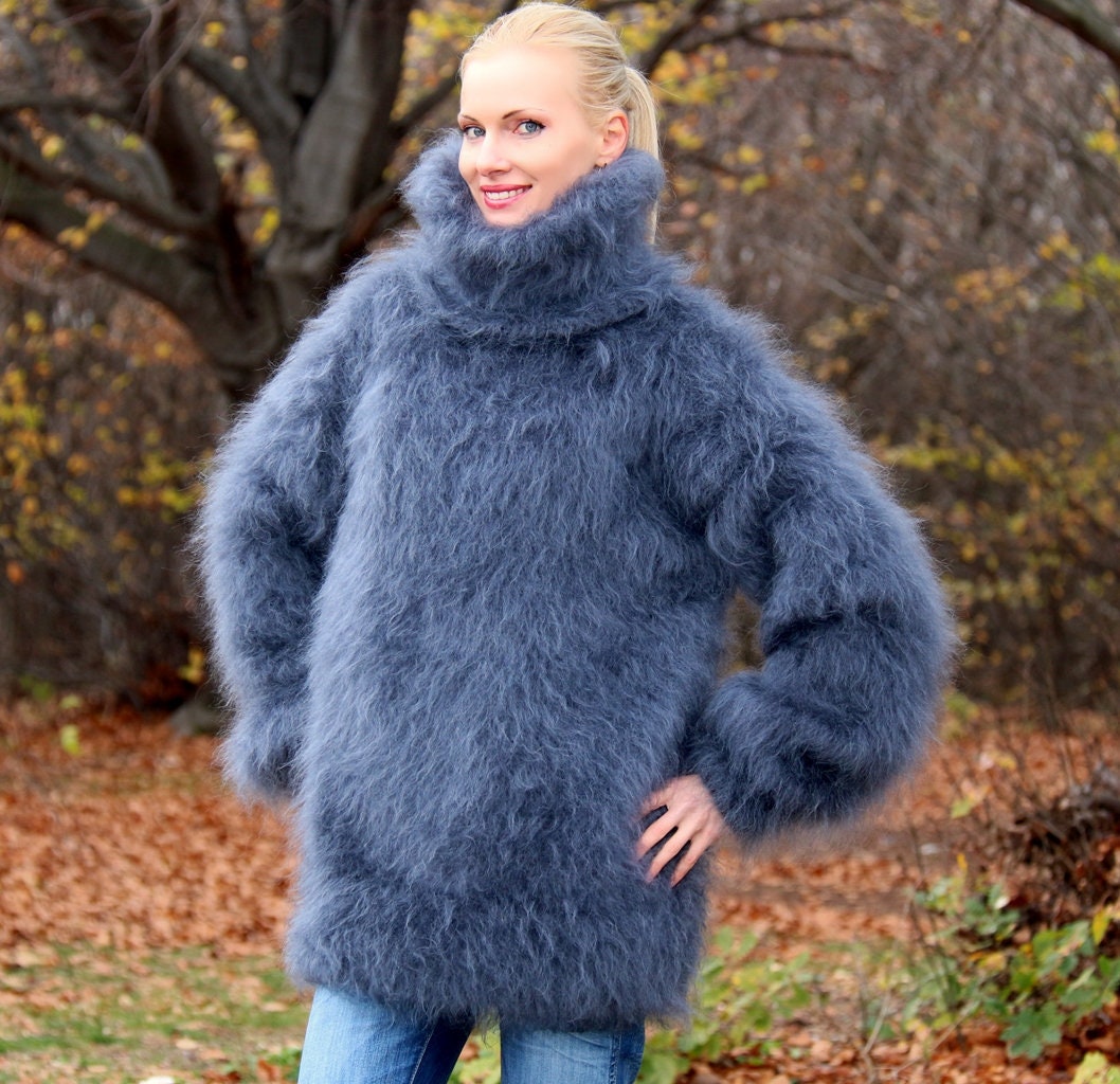 Thick Fuzzy Mohair Sweater Hand Knitted Pullover Turtleneck Jumper