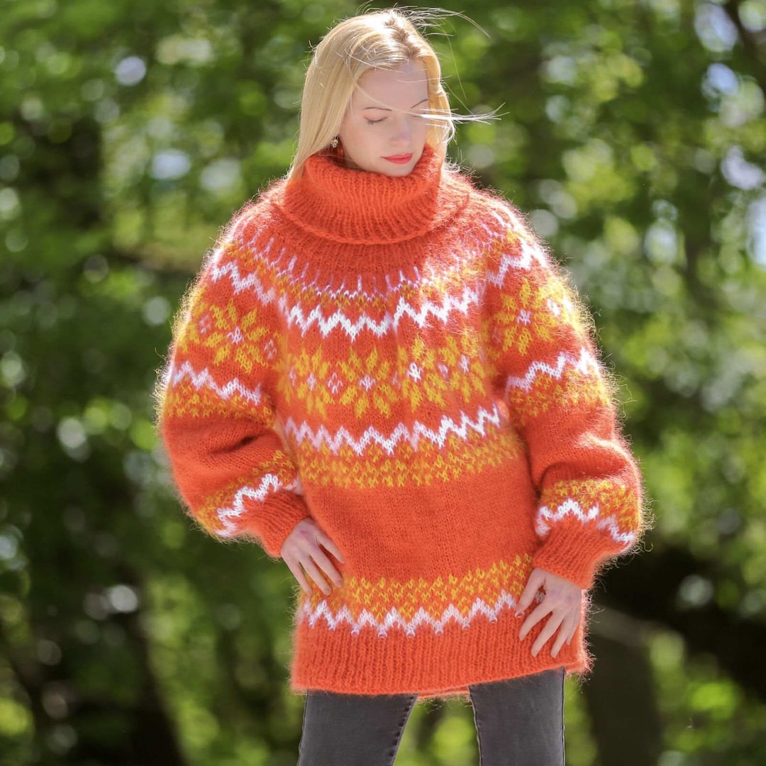 Orange Icelandic Mohair Sweater Nordic Jumper Colorful Mohair