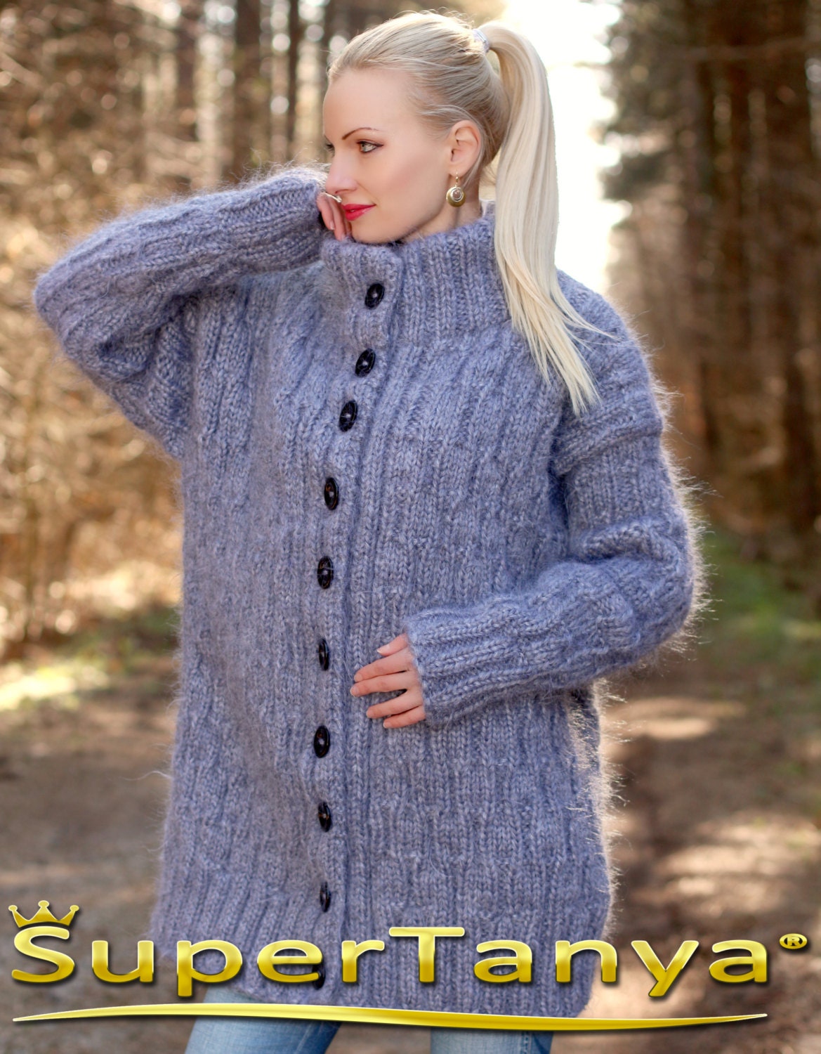 Hand Knitted Grey Mohair Cardigan Gray Thick Pullover by