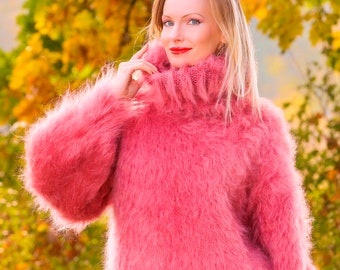 Jersey de mohair peludo hecho a mano en rojo pastel de SuperTanya - Listo para enviar en talla XL