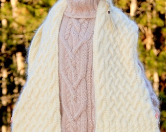 Handmade scarf beanie hand knitted shawl hat ivory set by SuperTanya READY TO SHIP