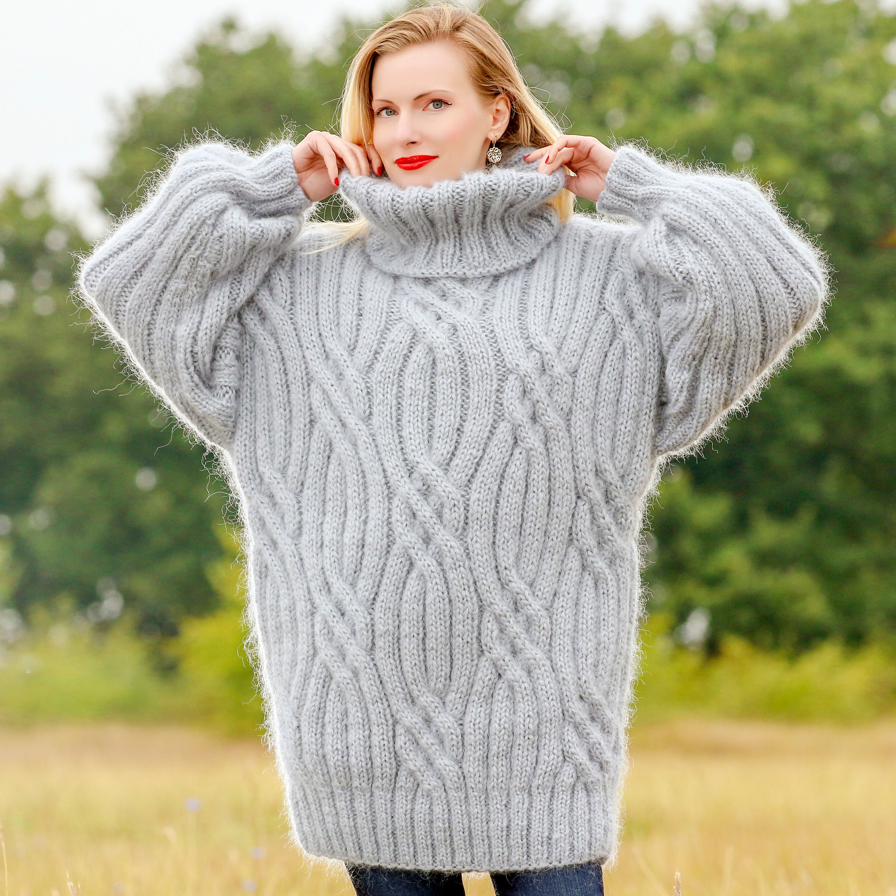 Cable Knit Mohair Sweater Hand Knitted Pullover Turtleneck Jumper