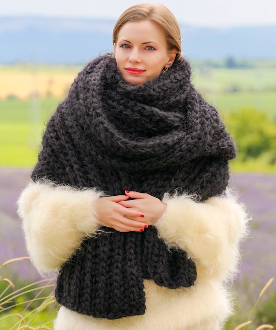 Black Extra Long Fuzzy Mohair Scarf Handmade Fuzzy Shawl READY TO