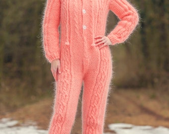 SuperTanya mohair catsuit with hood pink fuzzy wool bodysuit, Ready to Ship sizе M