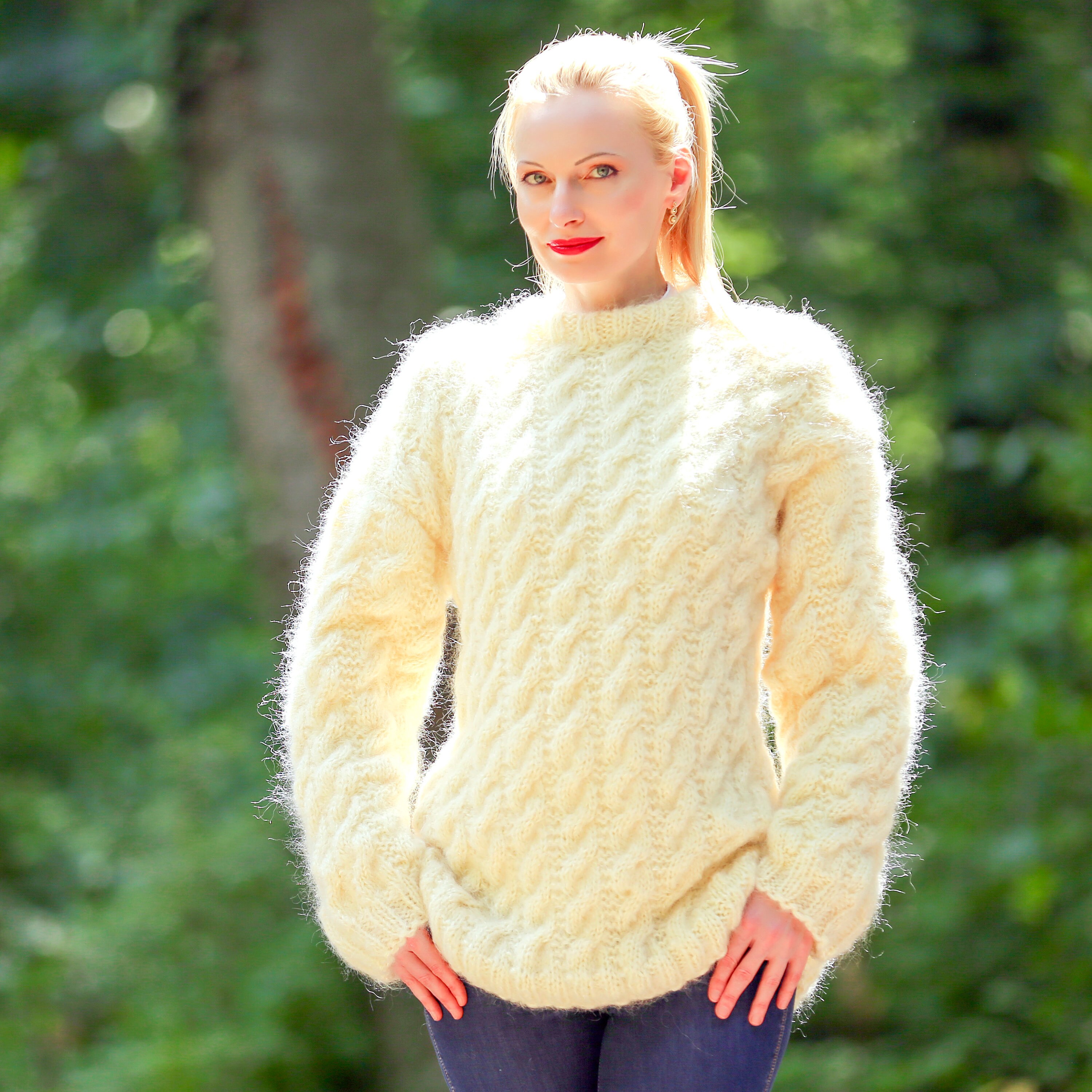 Ivory Mohair Sweater Handmade Cable Knit Jumper Hand Knitted