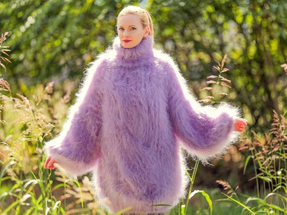 Supertanya Purple Fuzzy Mohair Sweater Handmade Pullover XXL Size