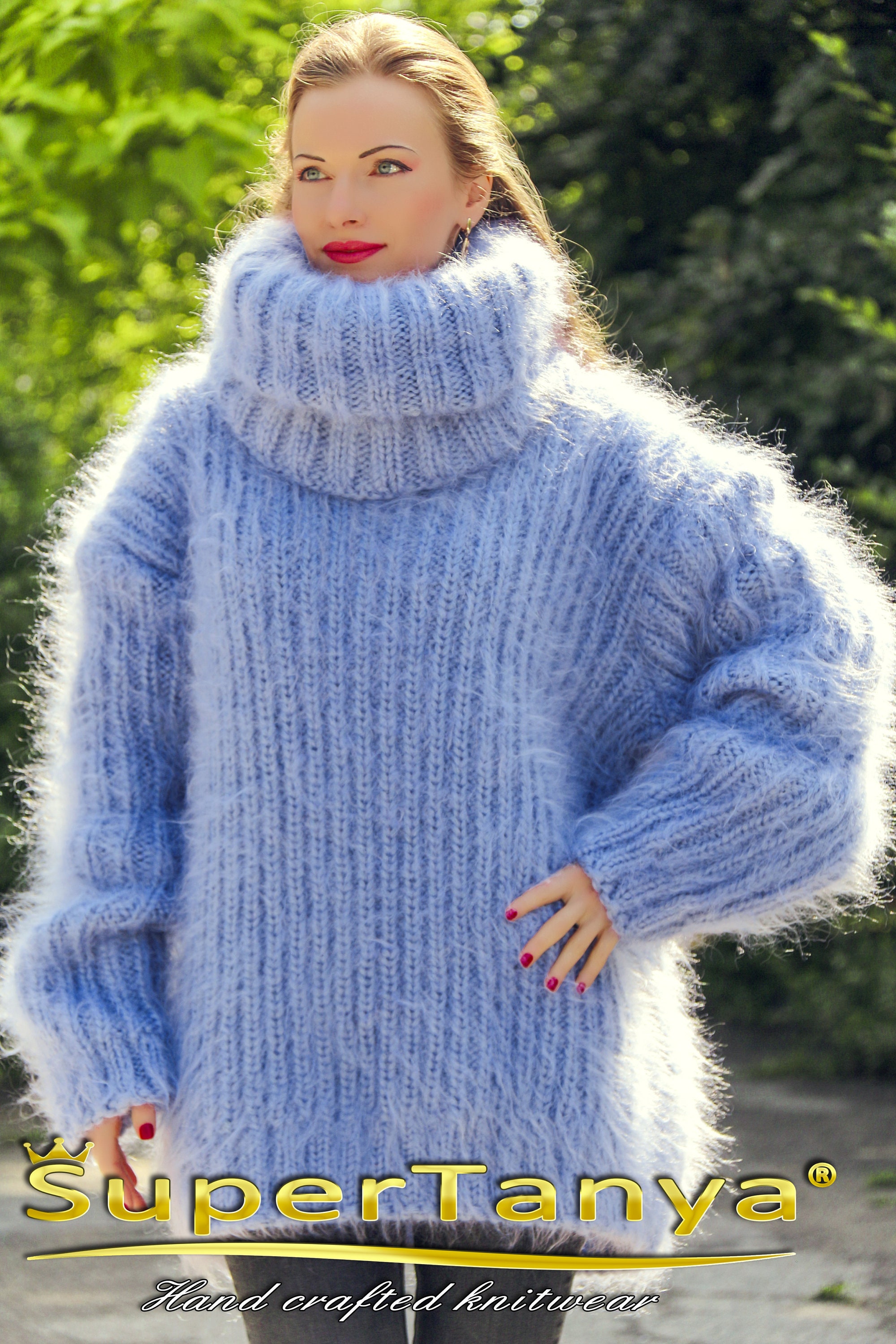 Blue thick mohair sweater with separate turtleneck by | Etsy