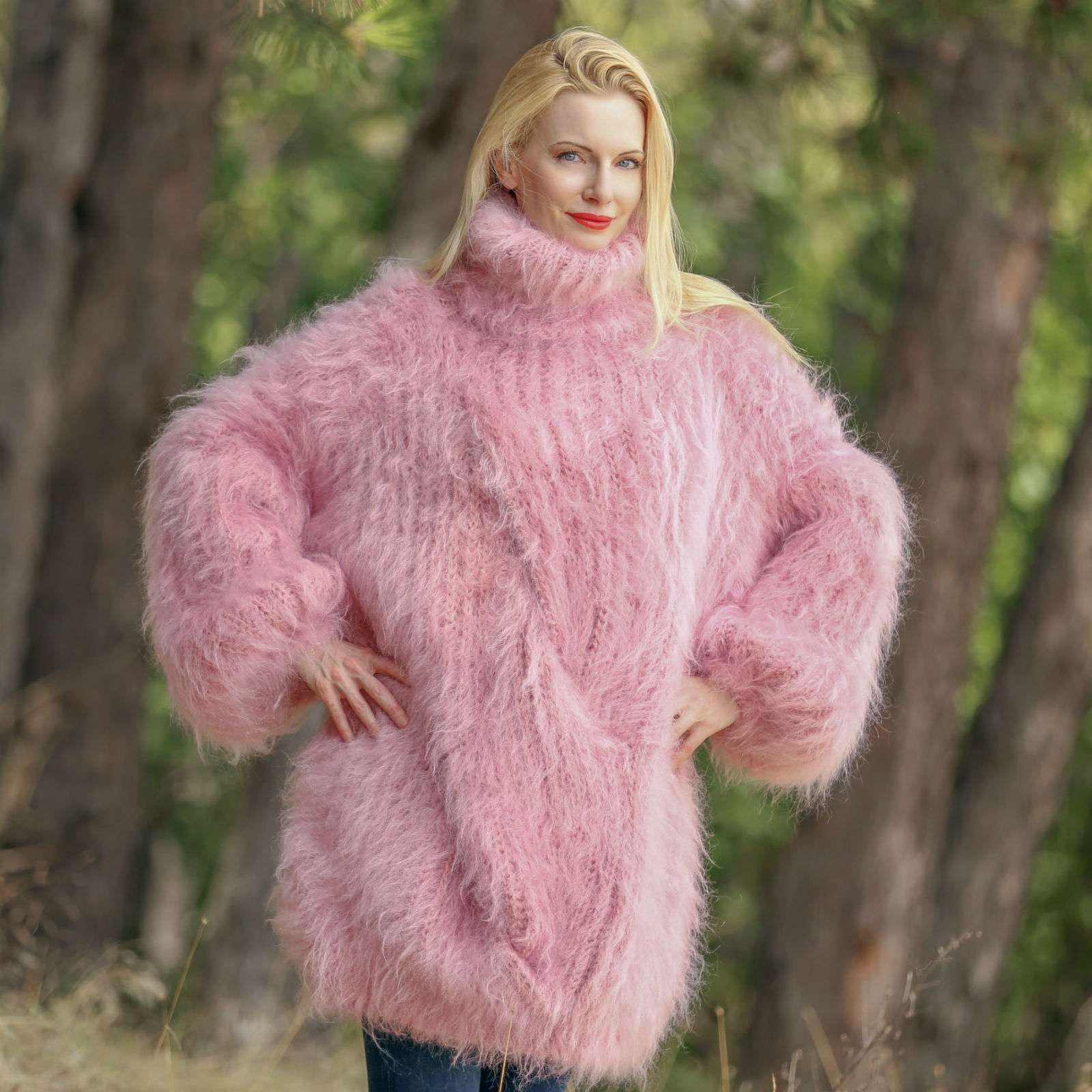 Pink Mohair Sweater, Fuzzy Pullover With Extra Long Sleeves