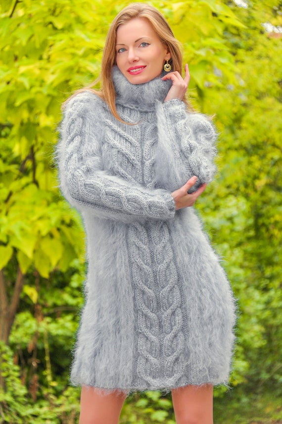 Designer Cable Knit Dress Hand Knitted Sweater Dress Fluffy Thick