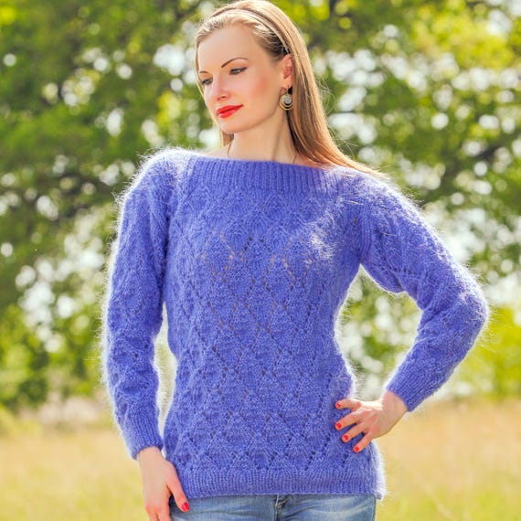 Ajour Knitted Mohair Sweater Handmade Blue Summer Jumper