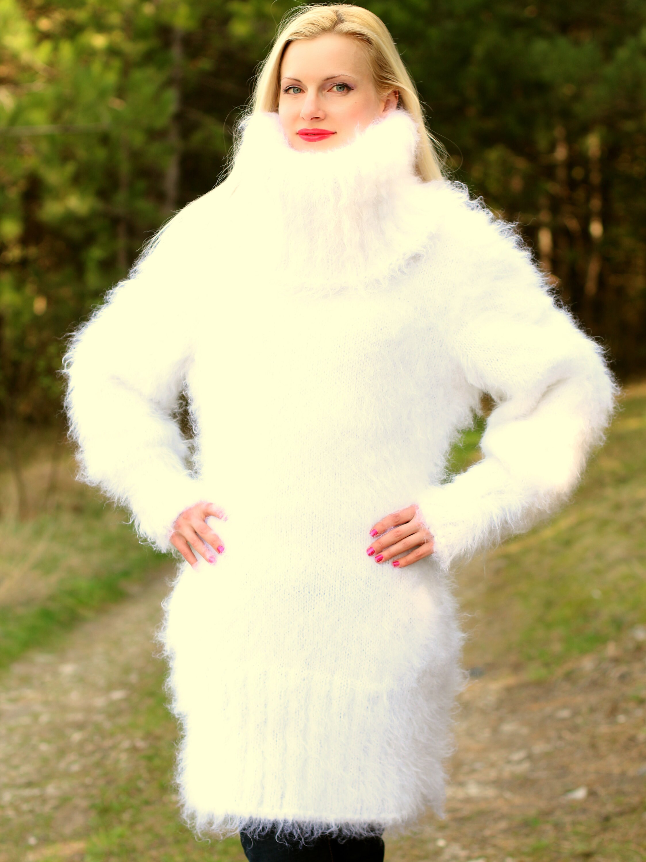 Thick Fuzzy Mohair Sweater Dress Hand Knitted Turtleneck Fuzzy