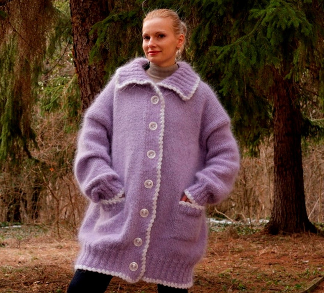 Purple Lavender Mohair Cardigan Hand Knitted Long Sweater
