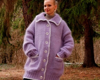 Purple Lavender Mohair Cardigan Hand Knitted Long Sweater