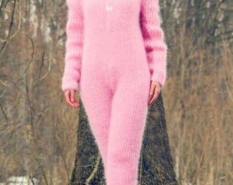 Hand Knitted Pink Mohair Bodysuit, Fuzzy Mohair Jumpsuit, Oversized Turtleneck Onesie, Ready to Ship, ready to ship, size M-L SALE