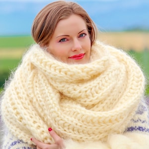 Extra long ivory scarf, fuzzy large mohair scarf, oversized scarf, handmade fuzzy shawl, SuperTanya handmade knitwear, READY TO SHIP