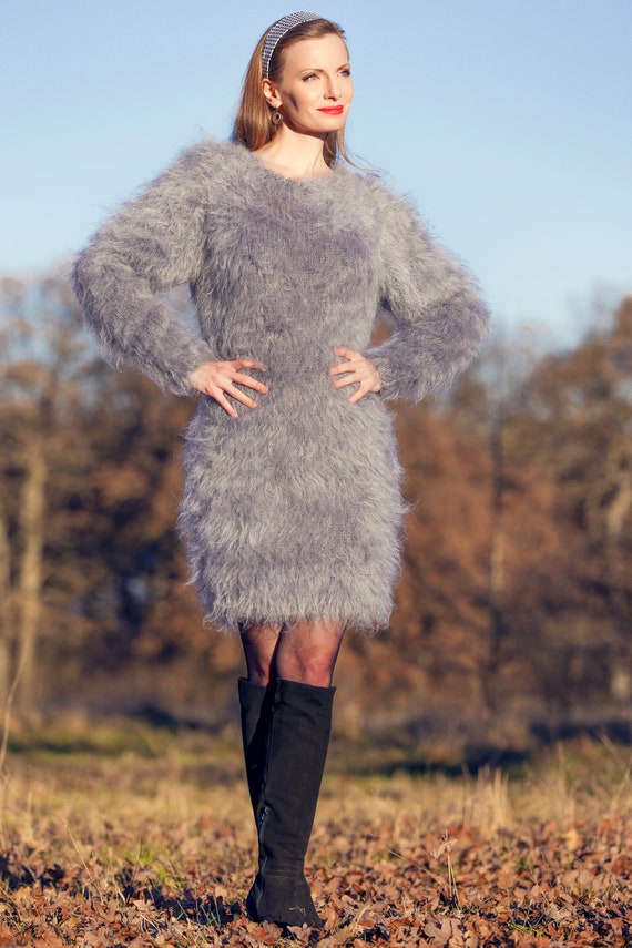 Fuzzy hand knit mohair sweater dress slouchy handmade tunic by SuperTanya Fuzzy hand knit mohair sweater dress slouchy handmade tunic by SuperTanya