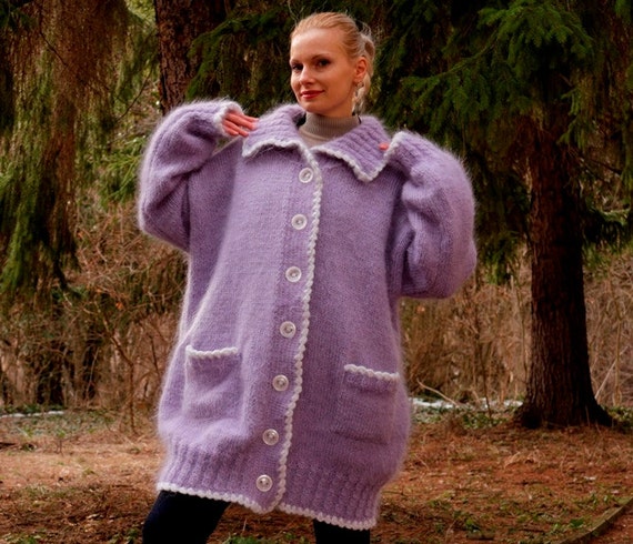 Purple Lavender Mohair Cardigan Hand Knitted Long Sweater