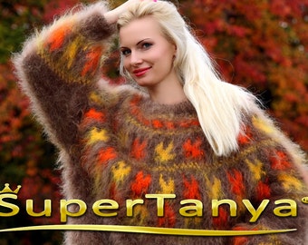 UNIQUE Autumn leaves hand knitted fuzzy mohair sweater in brown by SuperTanya