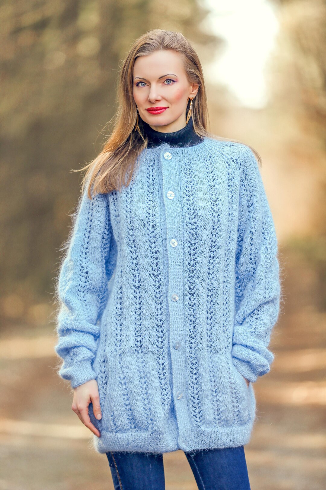 Handmade Blue Summer Cardigan, Ajour Knitted Mohair Sweater