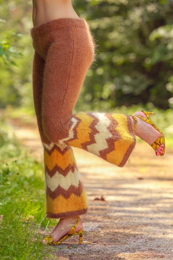 Brown melange handmade fuzzy mohair pants with socks by SuperTanya