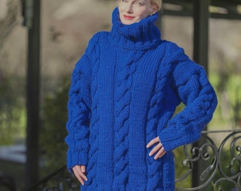 Hand knitted thick blue wool sweater with turtleneck, ready to ship, size L-XL